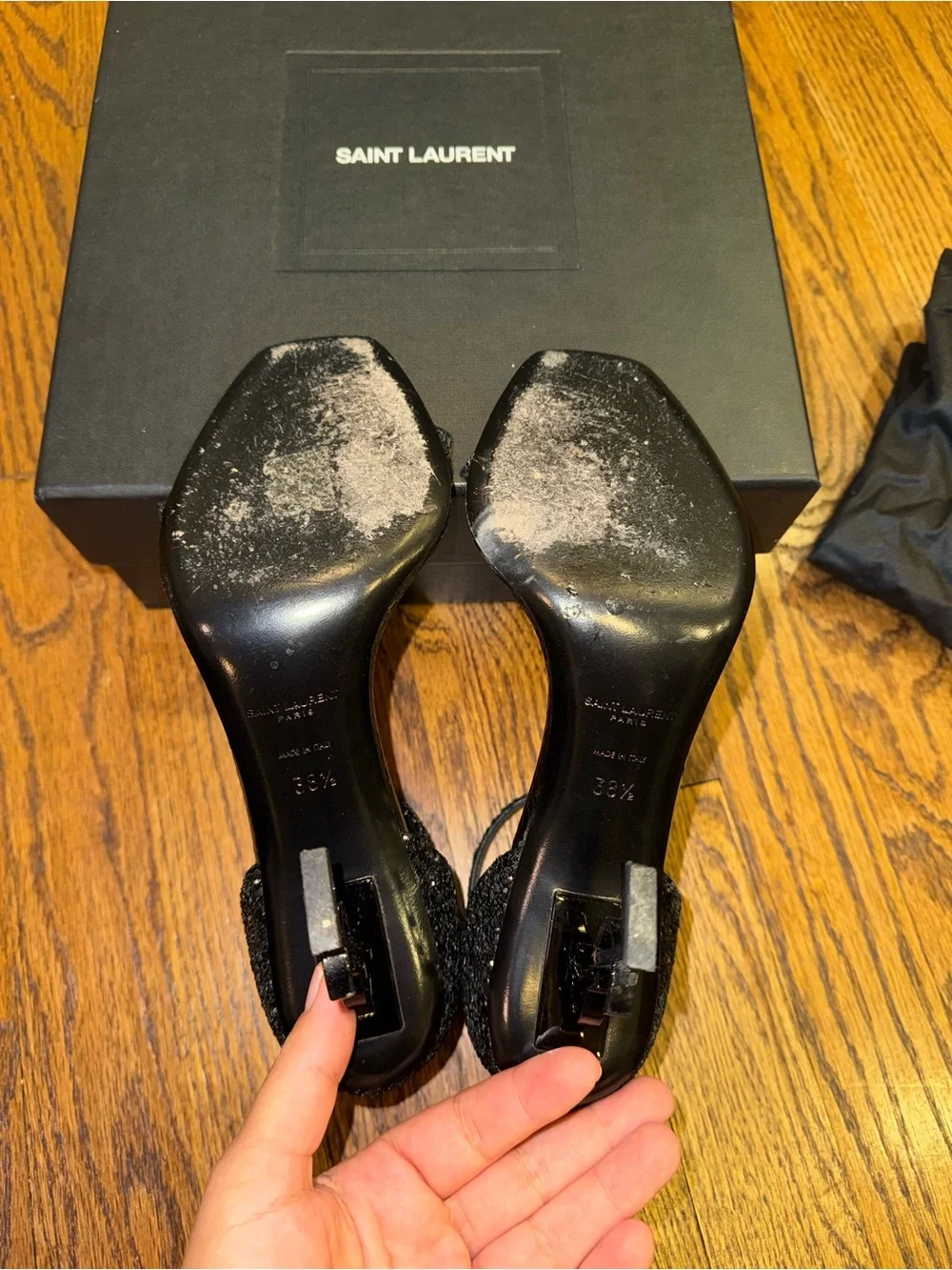 Size 38.5 Saint Laurent Opyum (YSL) Black Glitter Strappy Heeled Sandals
